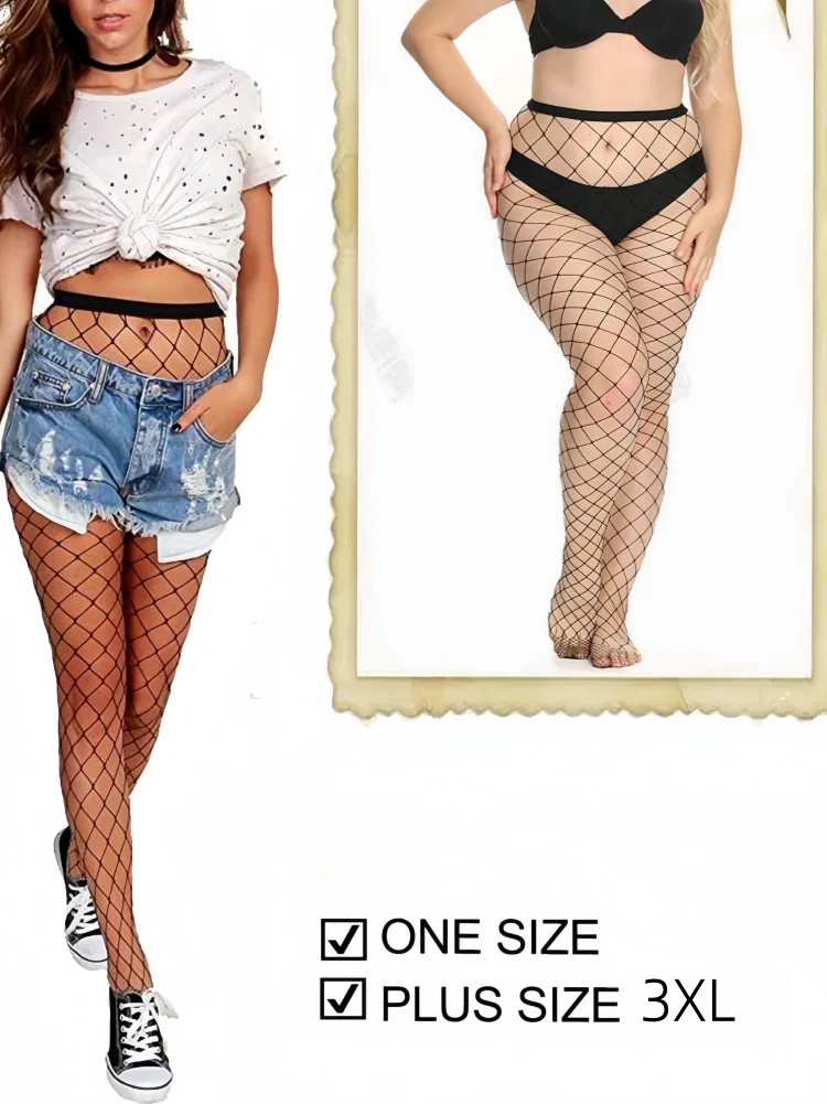 NEWJOINFUN Plus Size Hollow Out Fishnets Black Lace High Waist Stockings Garter Belt Sexy Hot Over Knee Pantyhose for Women XXXL