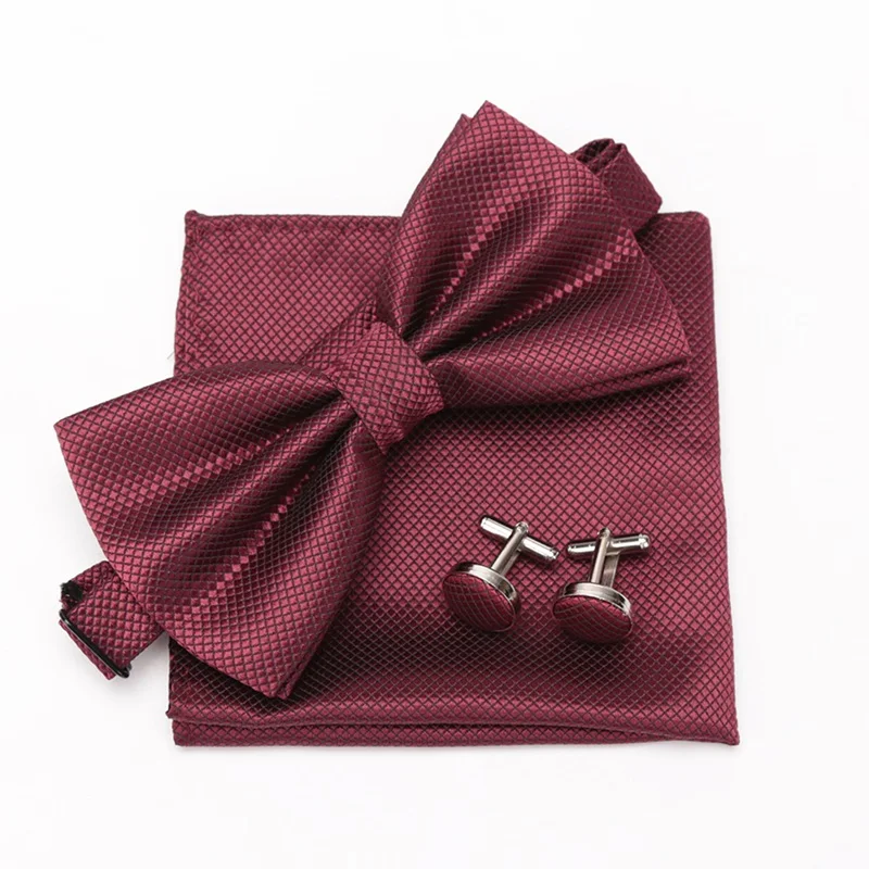 Multicolor Bowtie Pocket Square Cufflinks Sets Classic Solid Color  Bowtie Wedding Party Formal Gift Plaids Adjust Neck Bow Tie