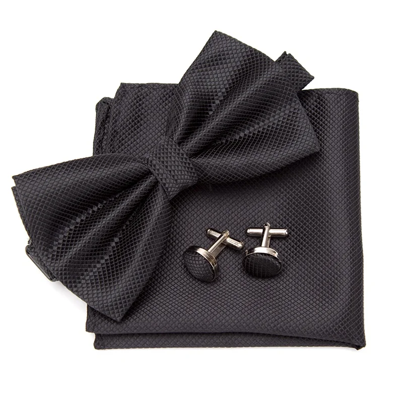 Multicolor Bowtie Pocket Square Cufflinks Sets Classic Solid Color  Bowtie Wedding Party Formal Gift Plaids Adjust Neck Bow Tie