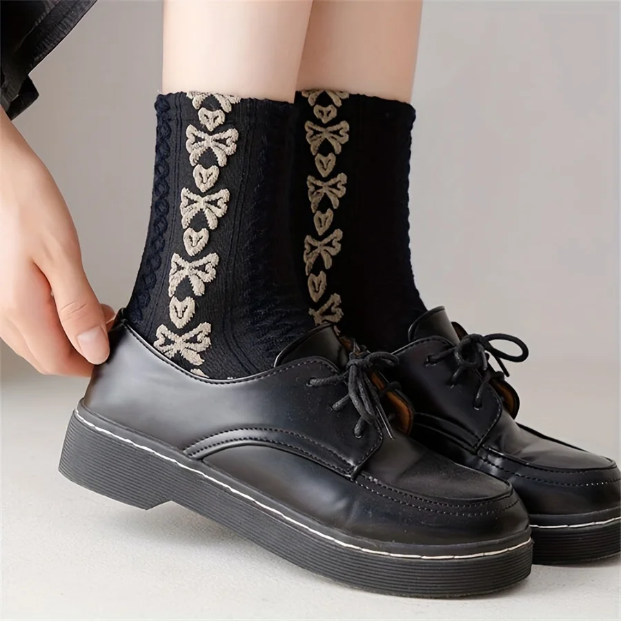3 pairs of retro college style girl socks versatile black flower bow loafers mid length socks