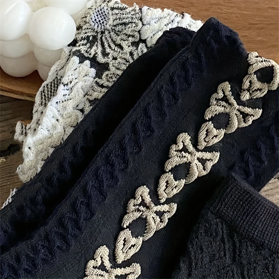 3 pairs of retro college style girl socks versatile black flower bow loafers mid length socks