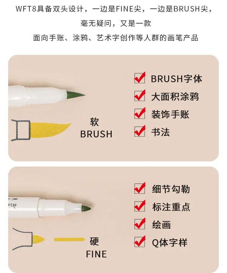 1Pcs Zebra Marker Pen WFT8 Series Double Headed Light Highlighter (Brush Soft Tip + Fine Tip) Students Use Color Painting Pen