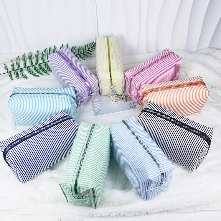 Fashion Women Ruffle Cosmetic Bags Pink/Purple Striped Storage Make Up Bags for Women Lady with Zipper Travel Bag Makeup Bag