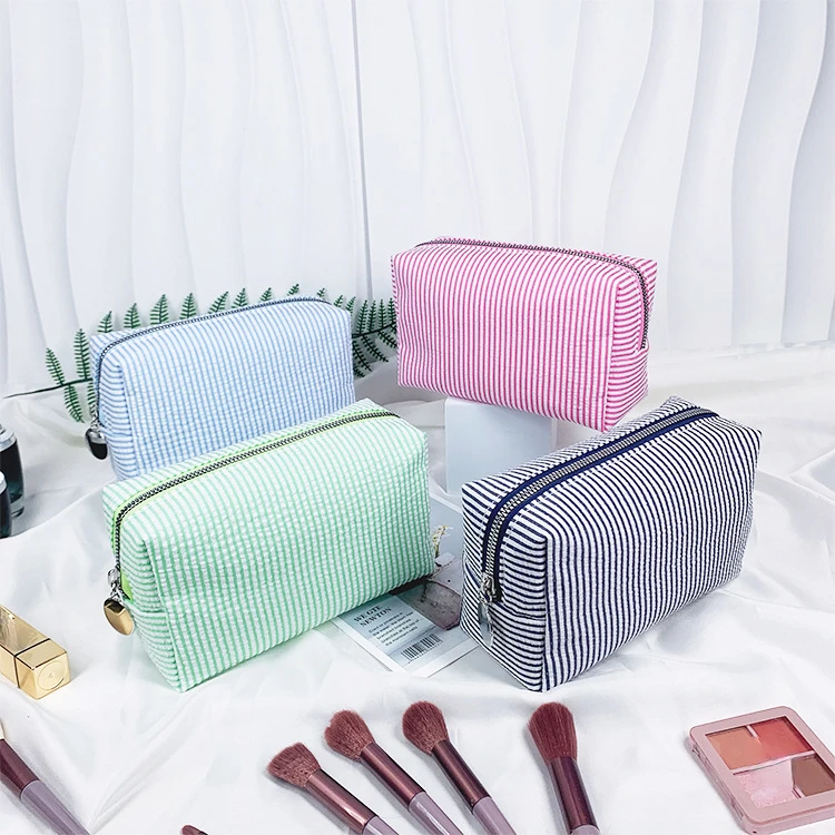 Fashion Women Ruffle Cosmetic Bags Pink/Purple Striped Storage Make Up Bags for Women Lady with Zipper Travel Bag Makeup Bag