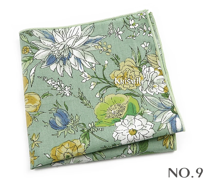 Beautiful Green Blue Floral Handkerchief 100% Cotton Elegant Colorful 26cm Pocket Square For Men Women Suit Chest Towel Gift