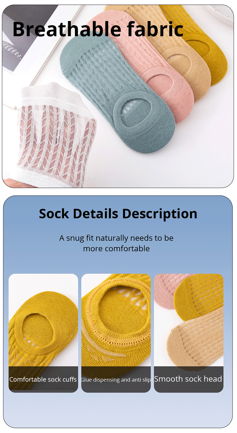 5 Pairs Summer Thin Mesh Socks Ladys Shallow Silicone Anti Slip Invisible Socks Lovely Solid Color Boat Socks