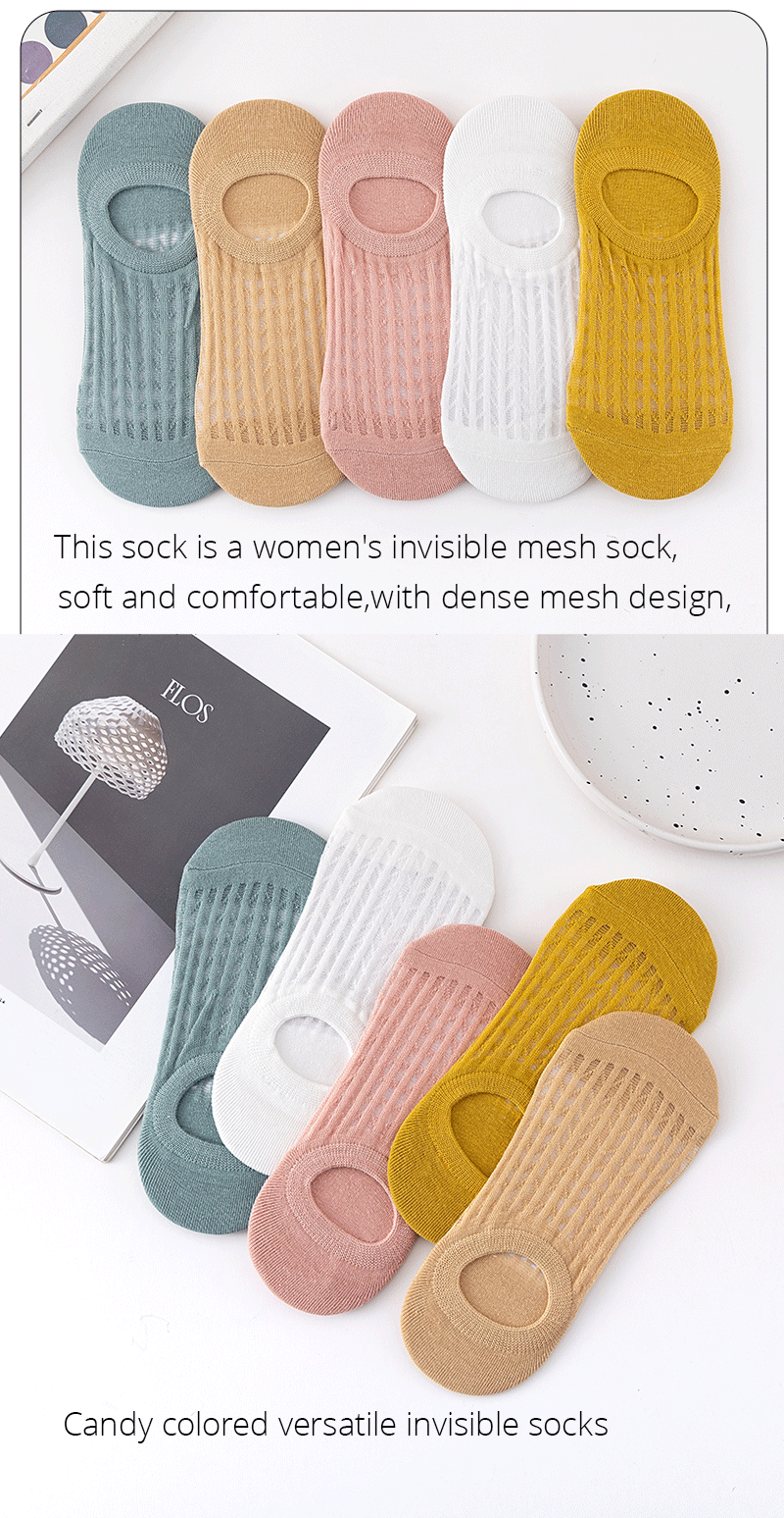 5 Pairs Summer Thin Mesh Socks Ladys Shallow Silicone Anti Slip Invisible Socks Lovely Solid Color Boat Socks