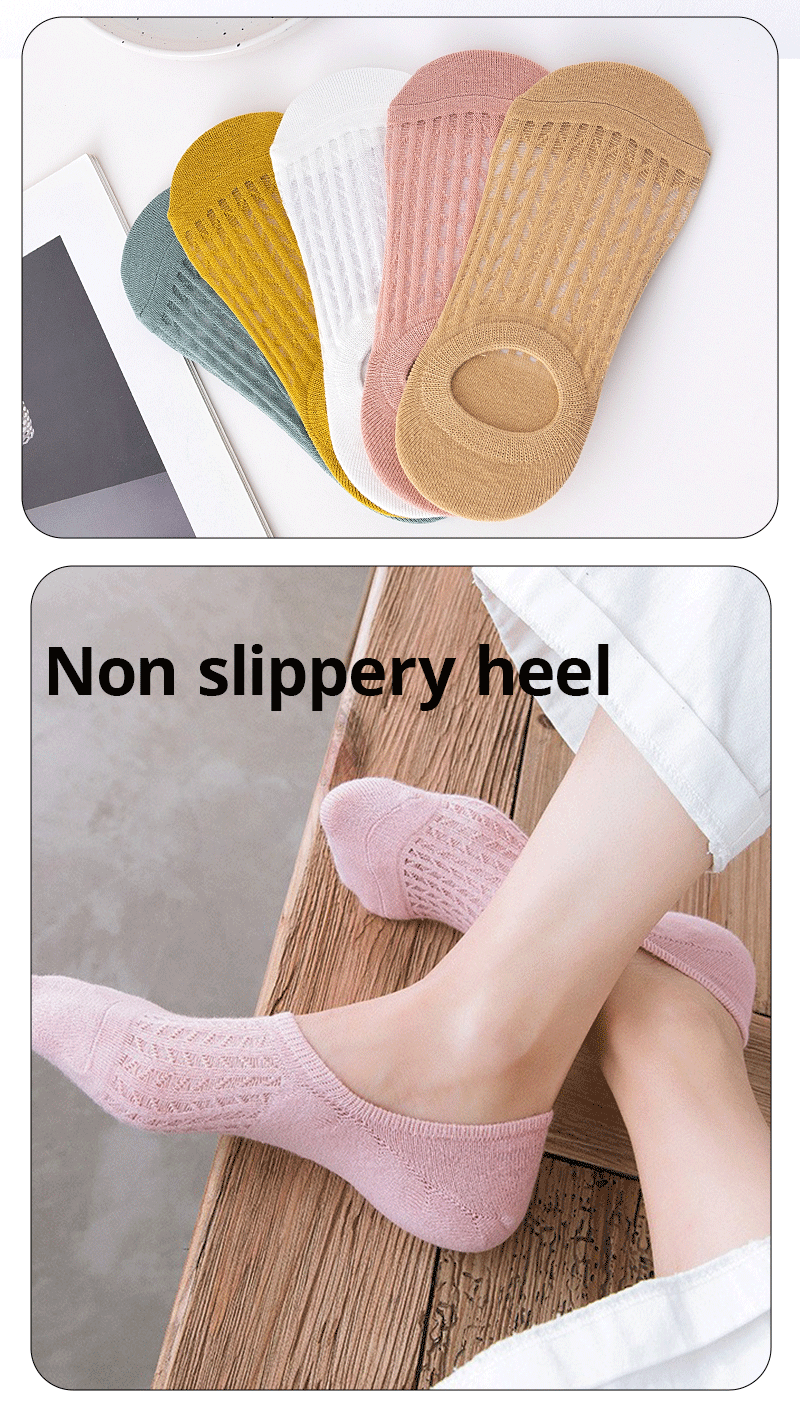 5 Pairs Summer Thin Mesh Socks Ladys Shallow Silicone Anti Slip Invisible Socks Lovely Solid Color Boat Socks
