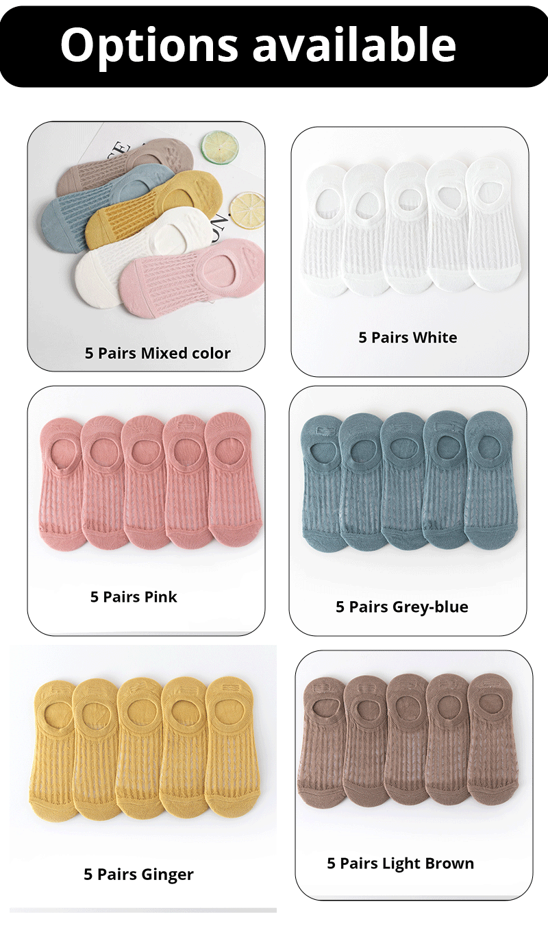 5 Pairs Summer Thin Mesh Socks Ladys Shallow Silicone Anti Slip Invisible Socks Lovely Solid Color Boat Socks