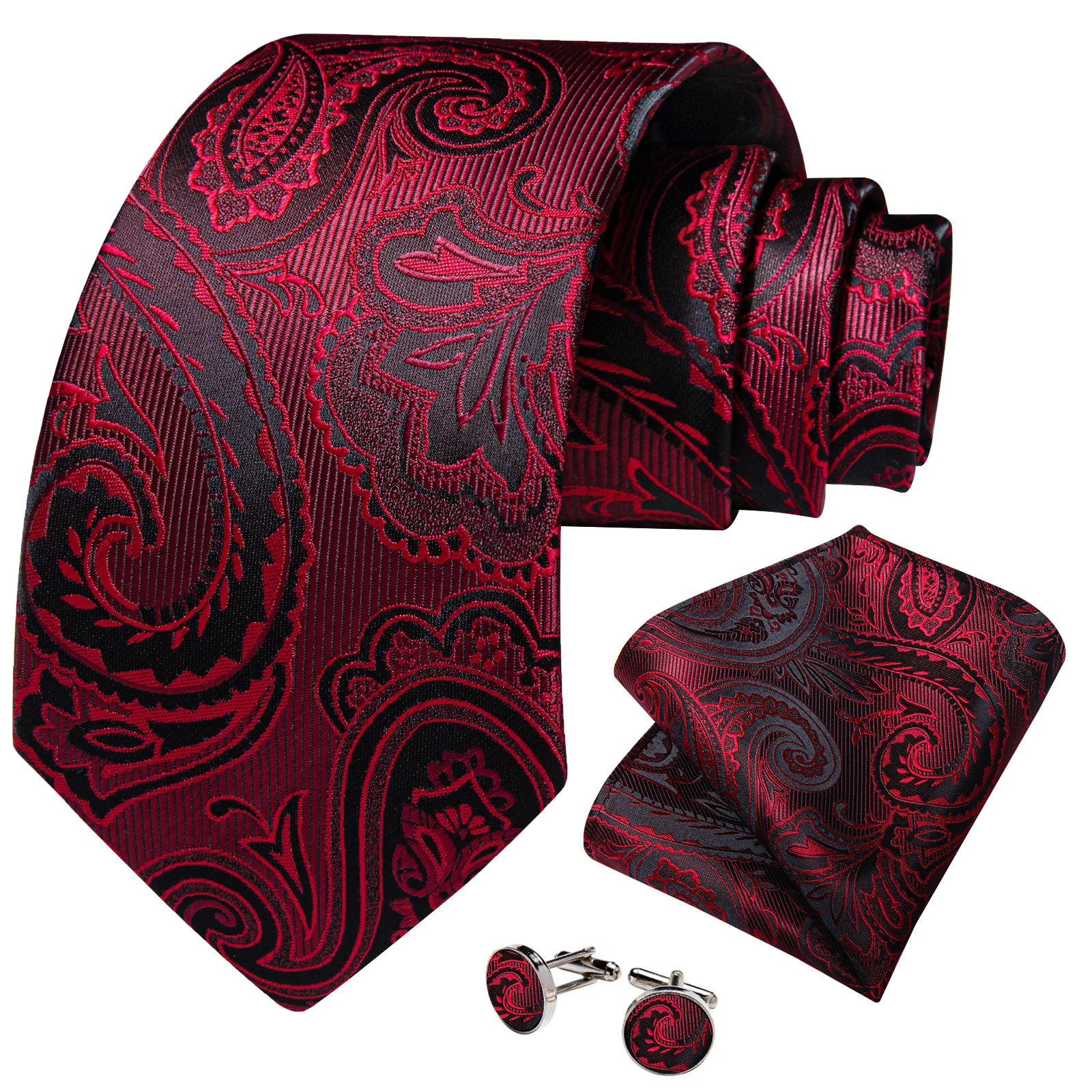 Luxury Floral Striped Solid Men's 8 cm Red Tie Set Handkerchief Cufflinks Business Wedding Prom Groom Accsessories Gift Men