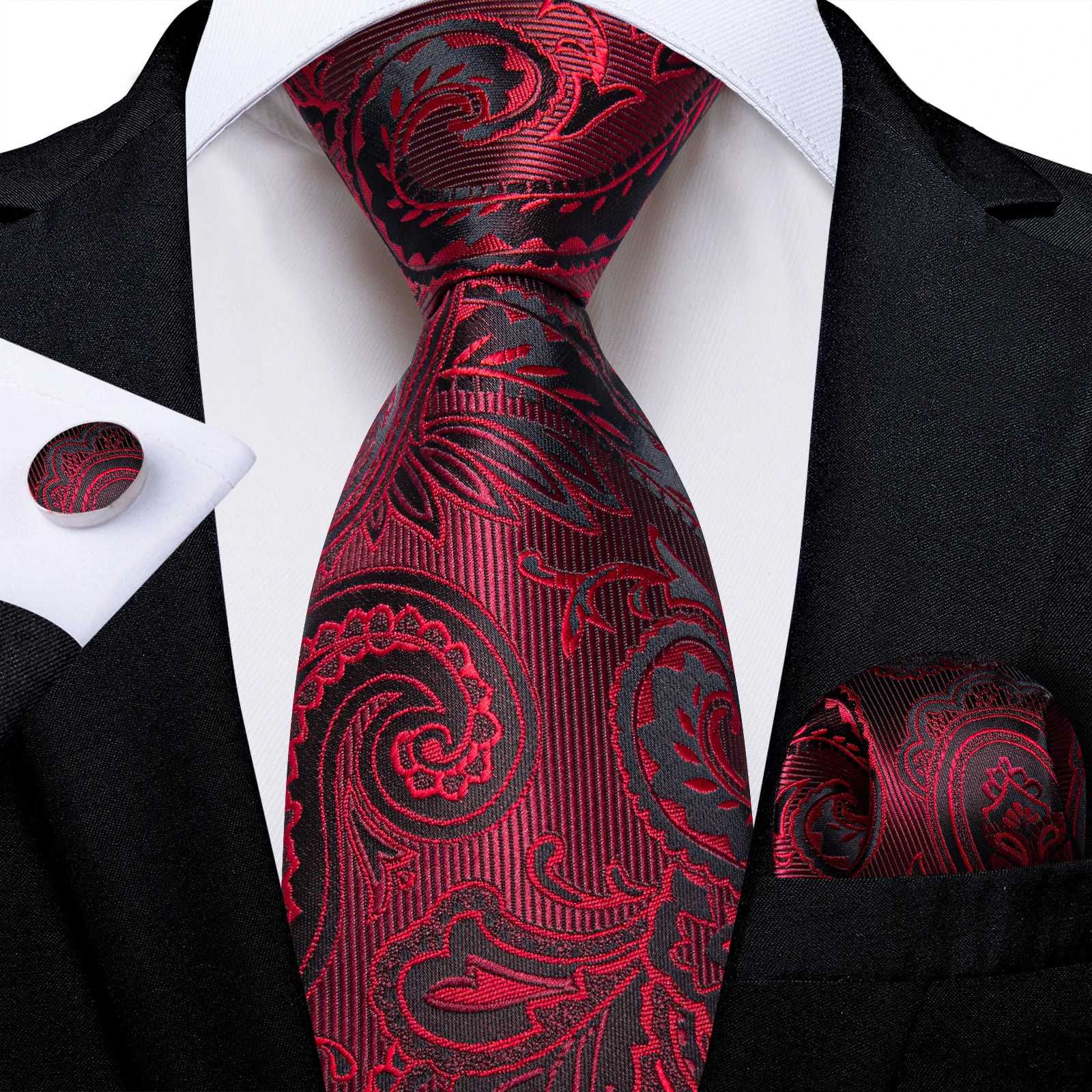 Luxury Floral Striped Solid Men's 8 cm Red Tie Set Handkerchief Cufflinks Business Wedding Prom Groom Accsessories Gift Men
