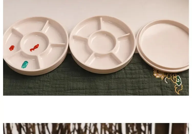 Imitation Porcelain Round Palette with Lid Acrylic Watercolor Painting Multifunctional White Paint Tray Artist Supplies