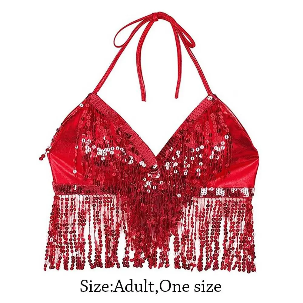 TiaoBug Women Shiny Sequins Tassels Carnival Rave Performance Belly Dance Costume Halter Bra Tops with Hip Scarf Wrap Skirt Set