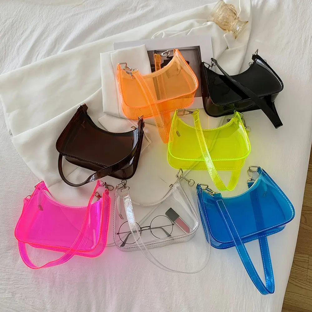 Summer Waterproof Women Fluorescent Clear Jelly Tote Bag Candy Color Clear Armpit Shoulder Bag