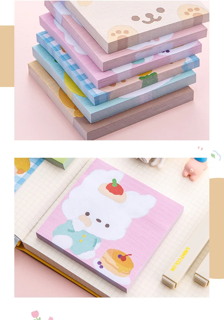 80 Sheet Kawaii Cartoon Oil Painting Sticky Notes Cute Animal Rabbit Puppy Bear Memo Pad Cute Decoration Stationery Note Book