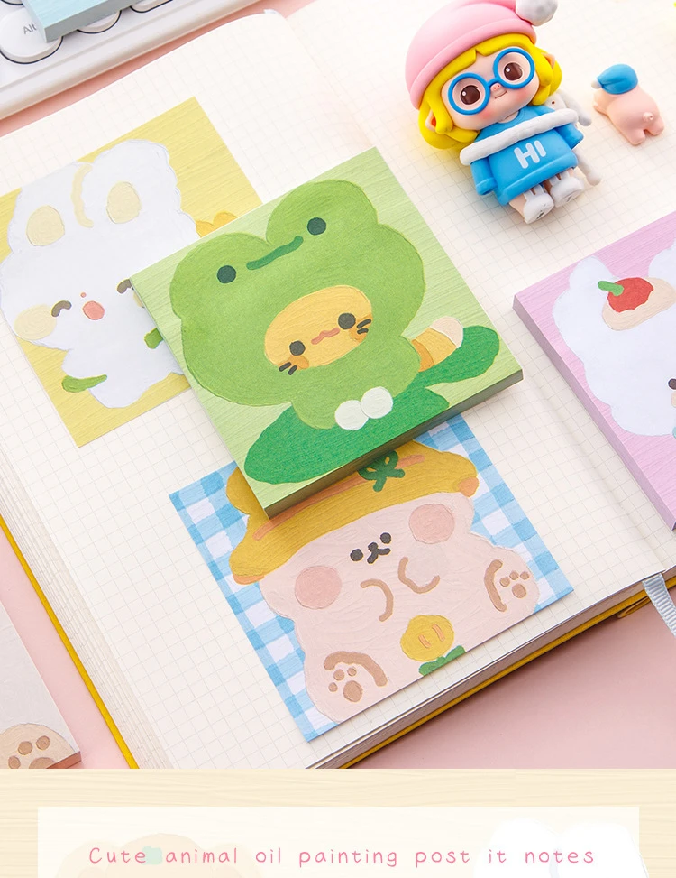 80 Sheet Kawaii Cartoon Oil Painting Sticky Notes Cute Animal Rabbit Puppy Bear Memo Pad Cute Decoration Stationery Note Book