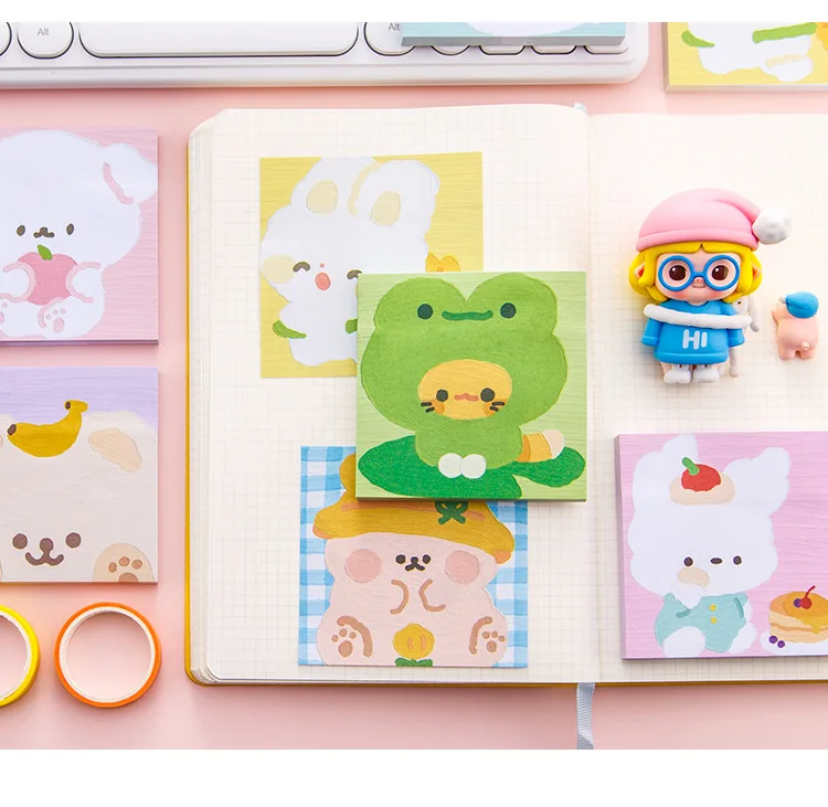 80 Sheet Kawaii Cartoon Oil Painting Sticky Notes Cute Animal Rabbit Puppy Bear Memo Pad Cute Decoration Stationery Note Book