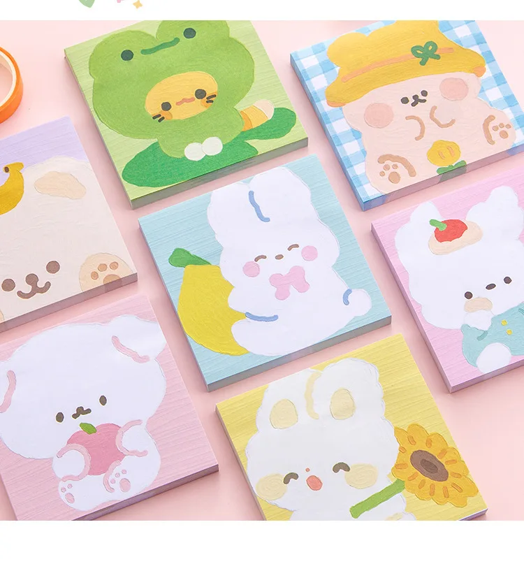 80 Sheet Kawaii Cartoon Oil Painting Sticky Notes Cute Animal Rabbit Puppy Bear Memo Pad Cute Decoration Stationery Note Book