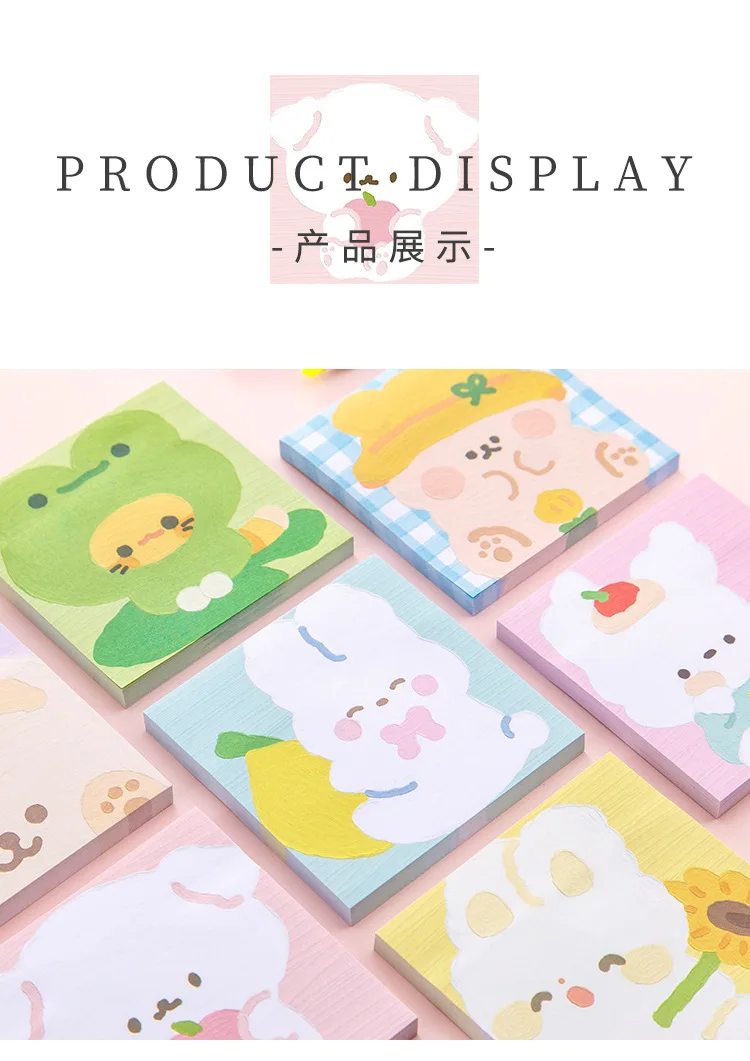80 Sheet Kawaii Cartoon Oil Painting Sticky Notes Cute Animal Rabbit Puppy Bear Memo Pad Cute Decoration Stationery Note Book