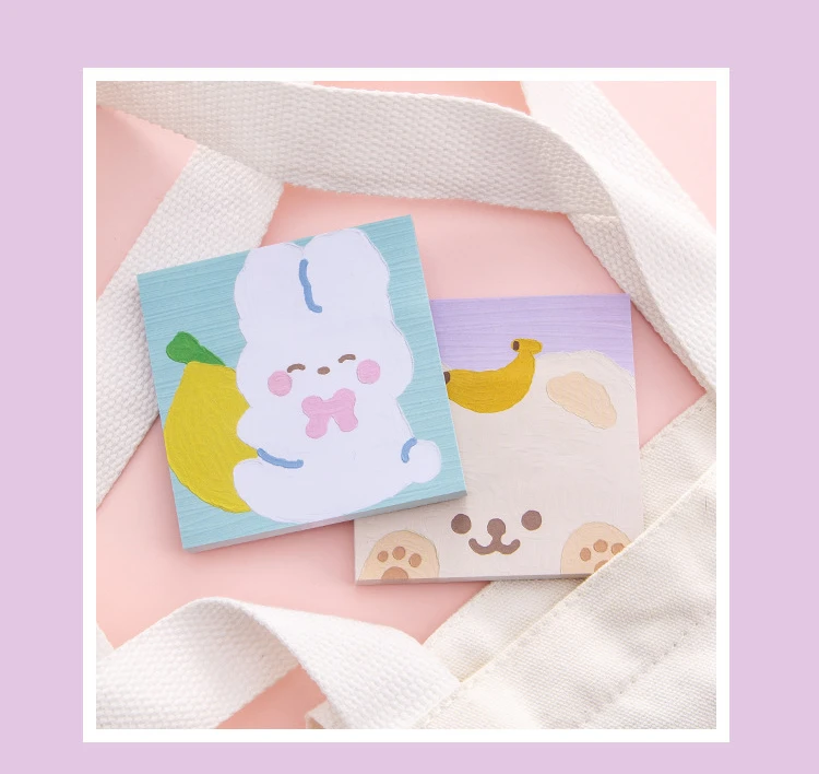 80 Sheet Kawaii Cartoon Oil Painting Sticky Notes Cute Animal Rabbit Puppy Bear Memo Pad Cute Decoration Stationery Note Book