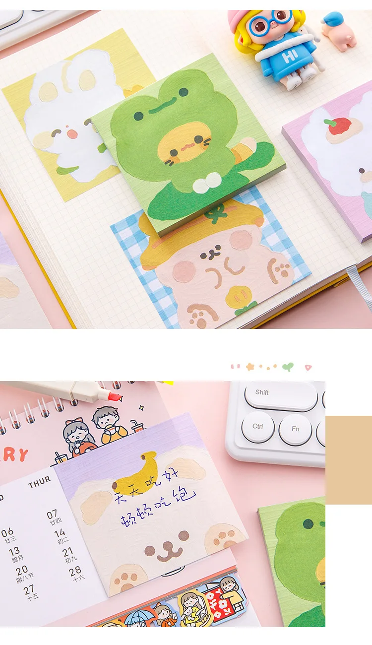 80 Sheet Kawaii Cartoon Oil Painting Sticky Notes Cute Animal Rabbit Puppy Bear Memo Pad Cute Decoration Stationery Note Book