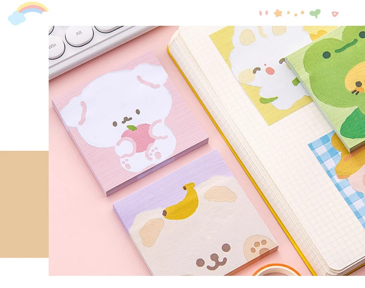 80 Sheet Kawaii Cartoon Oil Painting Sticky Notes Cute Animal Rabbit Puppy Bear Memo Pad Cute Decoration Stationery Note Book