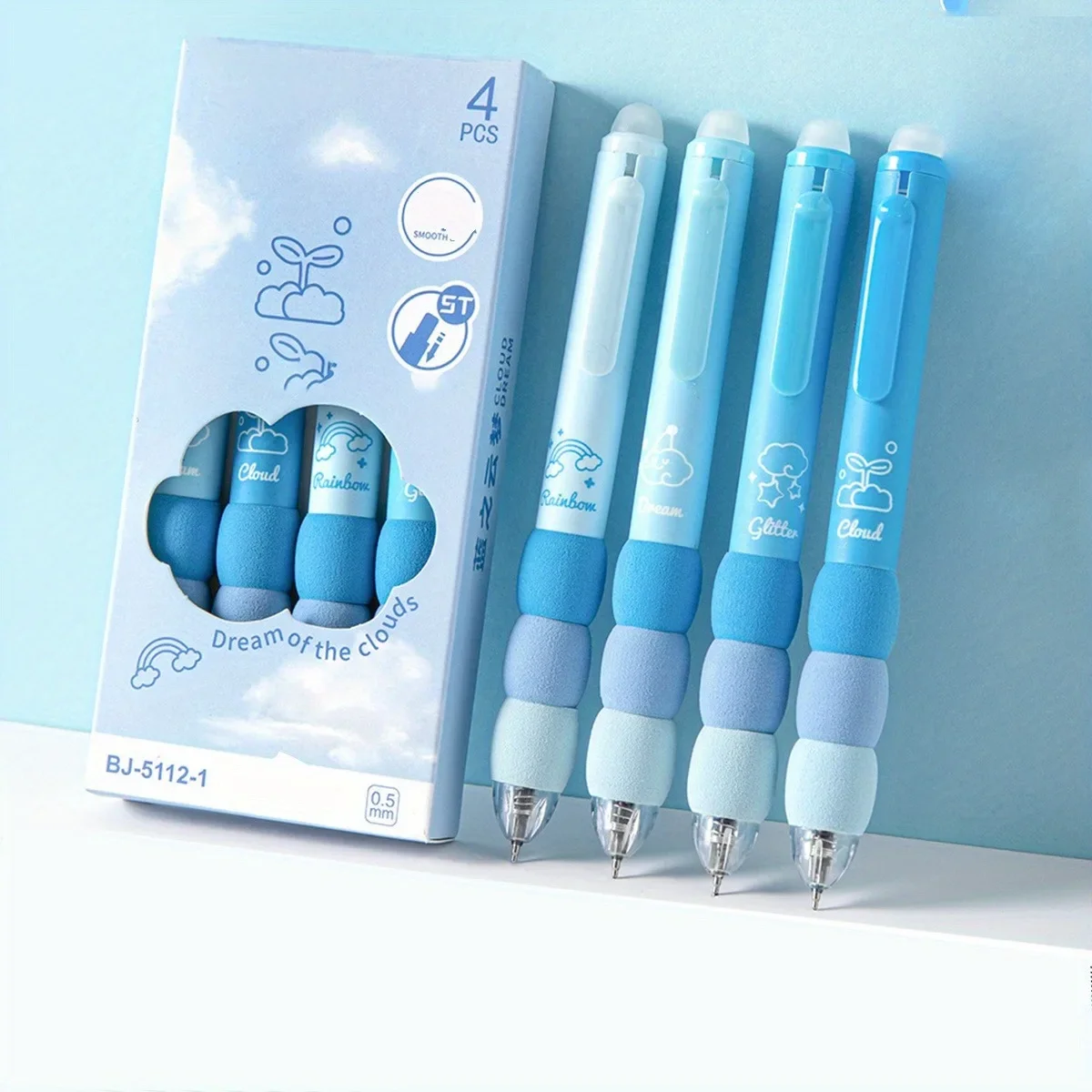 4PCS set Soft Cloud Grip Erasable Press Gel Pen ST Tip Quick Drying Ballpoint Pen Student 0.5mm Black Ink Office Accessories