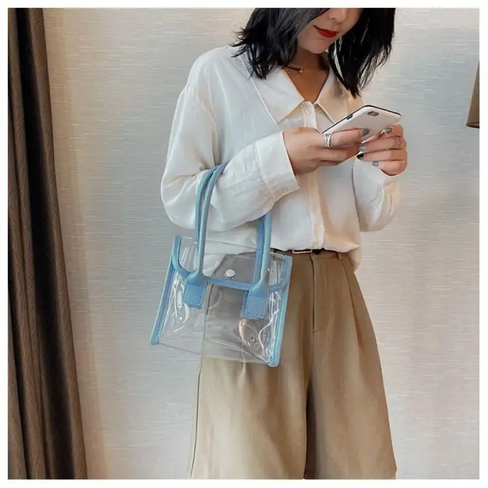Transparent Bags Women Summer Designed Patchwork PVC Portable Simple Student Travel Jelly Bag PU Handle All-match Beach Totes