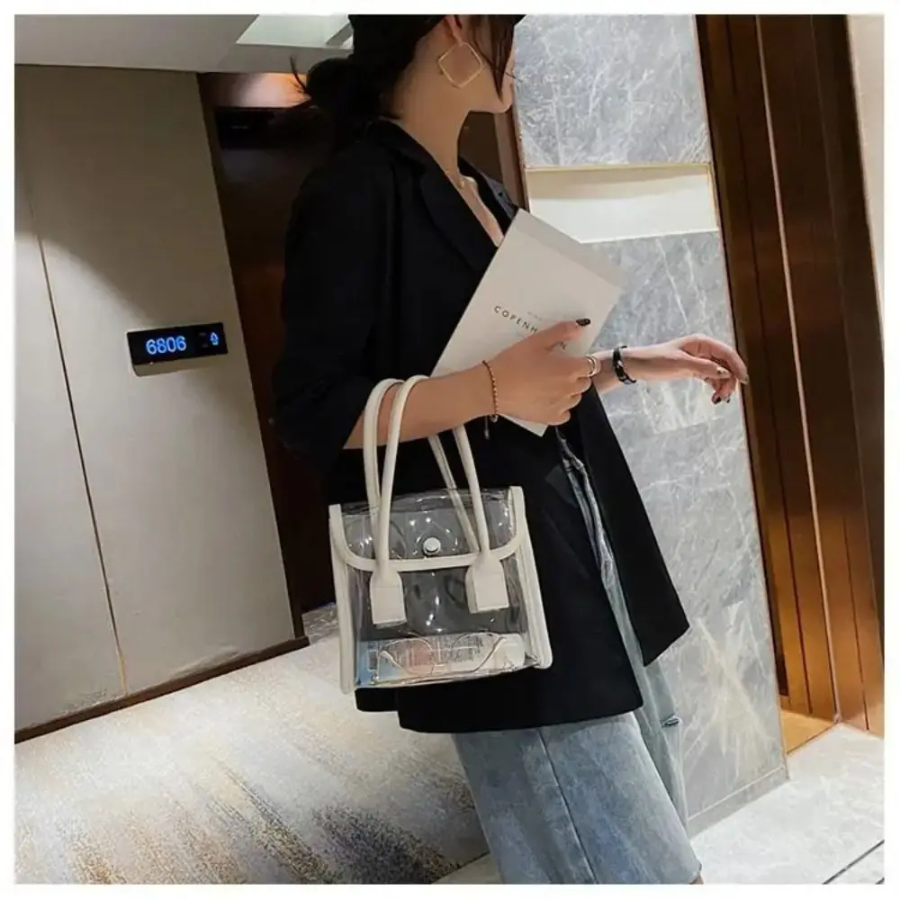 Transparent Bags Women Summer Designed Patchwork PVC Portable Simple Student Travel Jelly Bag PU Handle All-match Beach Totes