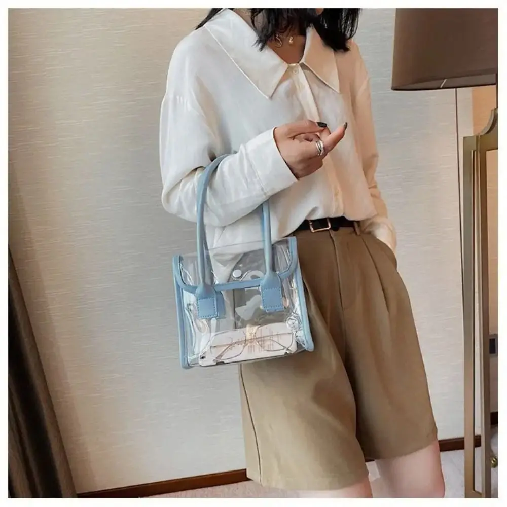 Transparent Bags Women Summer Designed Patchwork PVC Portable Simple Student Travel Jelly Bag PU Handle All-match Beach Totes