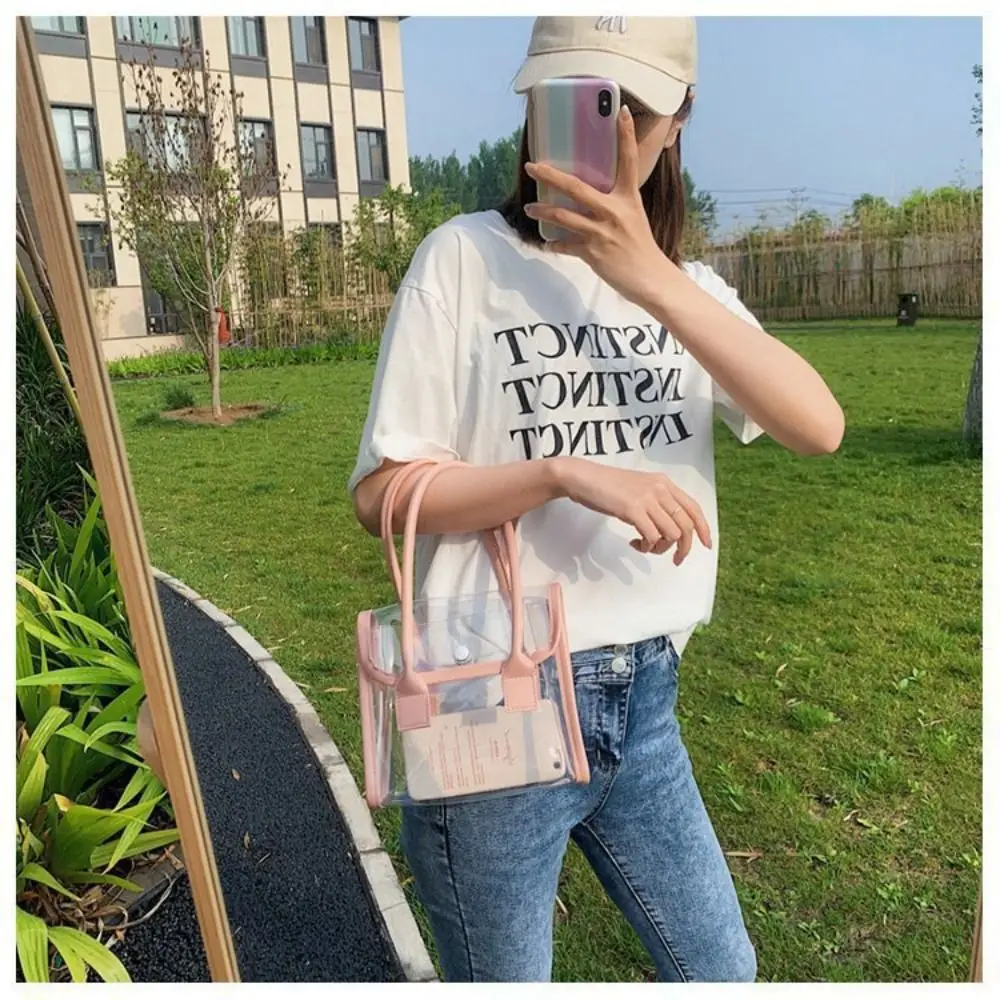 Transparent Bags Women Summer Designed Patchwork PVC Portable Simple Student Travel Jelly Bag PU Handle All-match Beach Totes