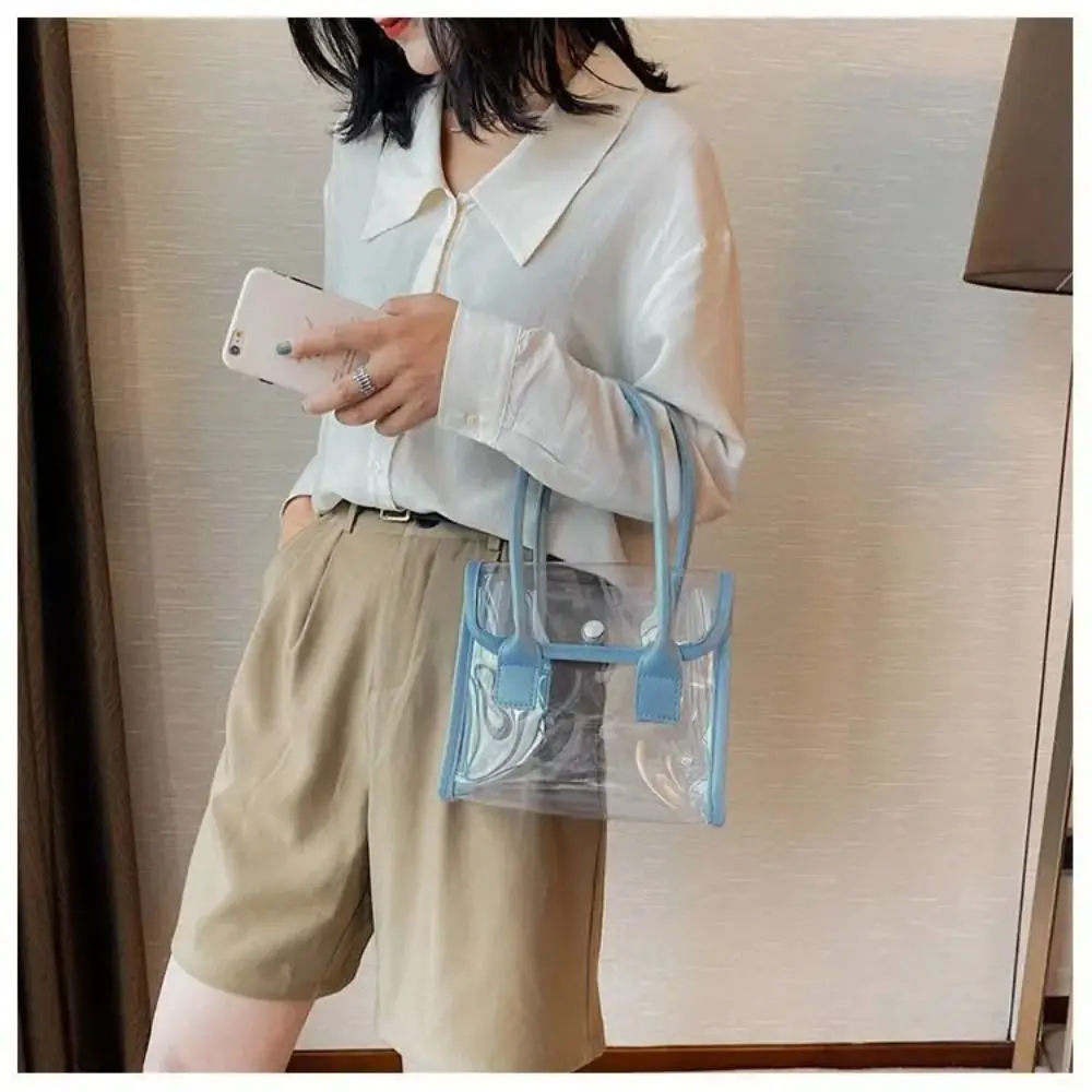 Transparent Bags Women Summer Designed Patchwork PVC Portable Simple Student Travel Jelly Bag PU Handle All-match Beach Totes