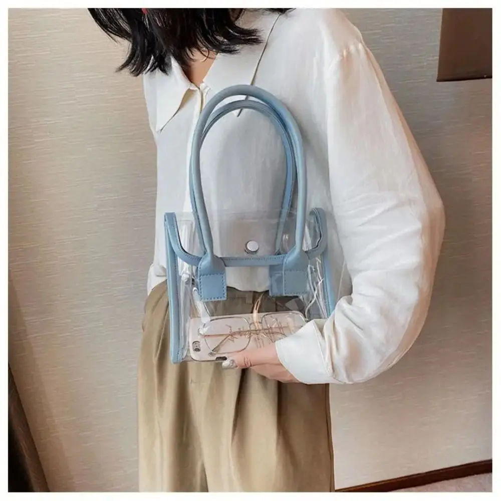 Transparent Bags Women Summer Designed Patchwork PVC Portable Simple Student Travel Jelly Bag PU Handle All-match Beach Totes