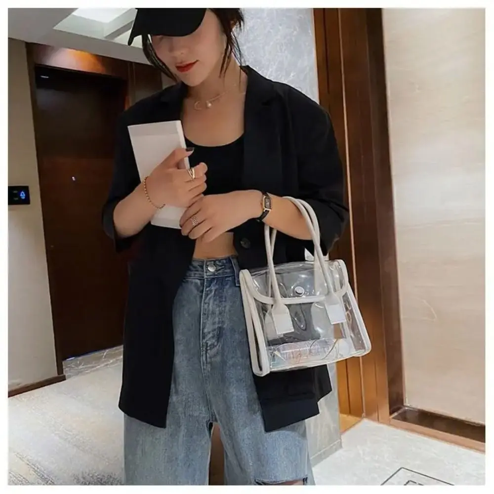 Transparent Bags Women Summer Designed Patchwork PVC Portable Simple Student Travel Jelly Bag PU Handle All-match Beach Totes