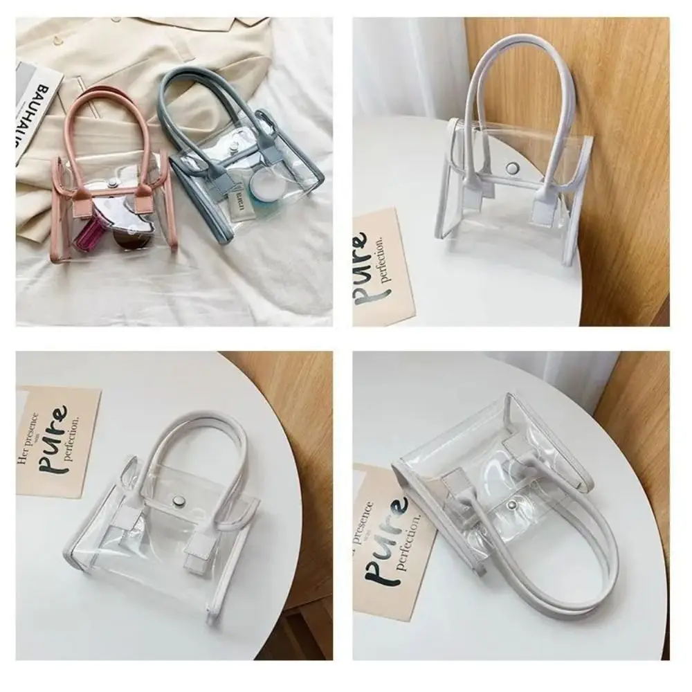 Transparent Bags Women Summer Designed Patchwork PVC Portable Simple Student Travel Jelly Bag PU Handle All-match Beach Totes