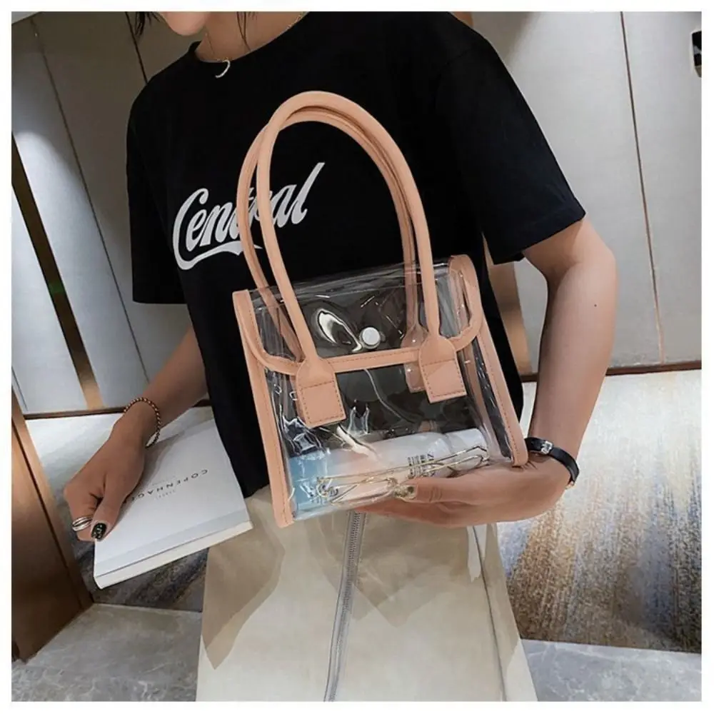 Transparent Bags Women Summer Designed Patchwork PVC Portable Simple Student Travel Jelly Bag PU Handle All-match Beach Totes