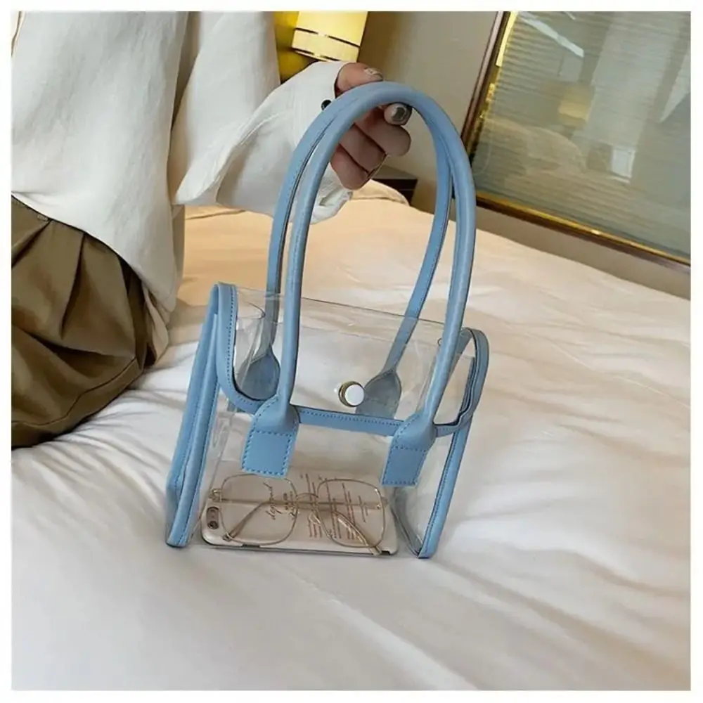 Transparent Bags Women Summer Designed Patchwork PVC Portable Simple Student Travel Jelly Bag PU Handle All-match Beach Totes
