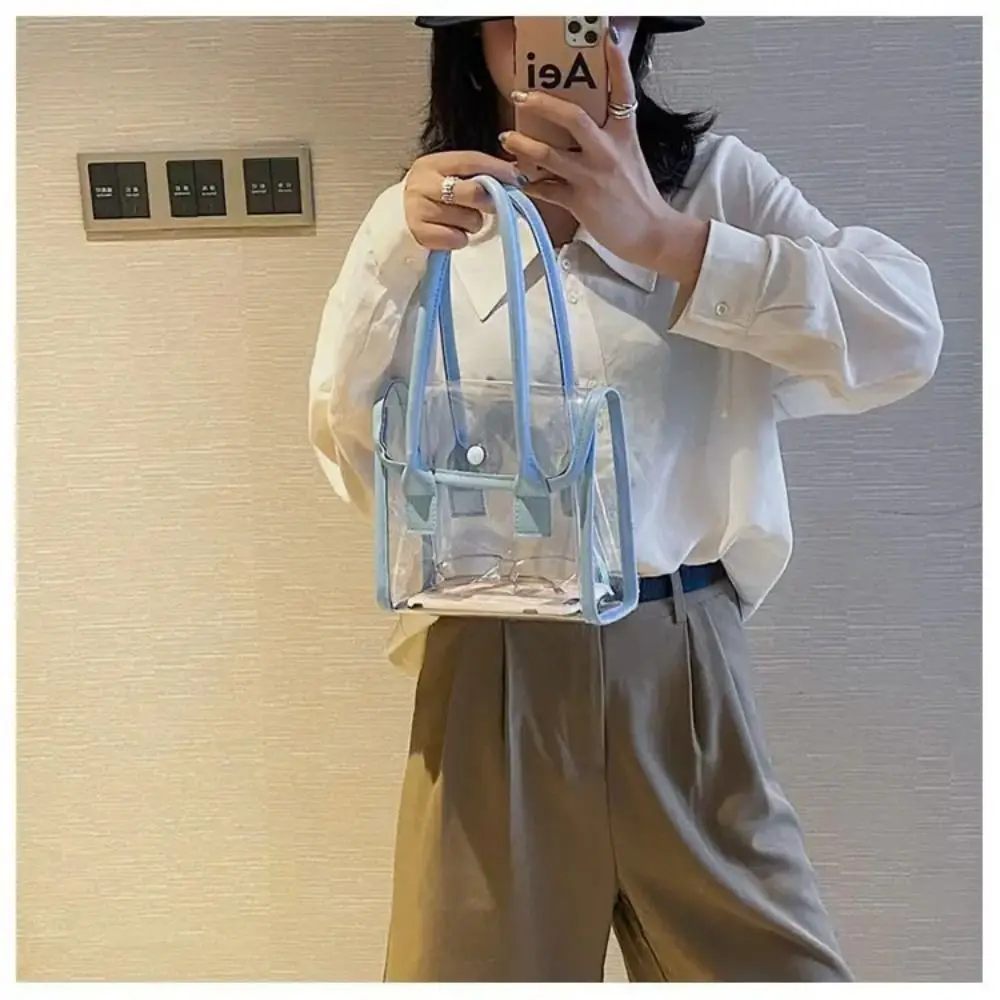 Transparent Bags Women Summer Designed Patchwork PVC Portable Simple Student Travel Jelly Bag PU Handle All-match Beach Totes