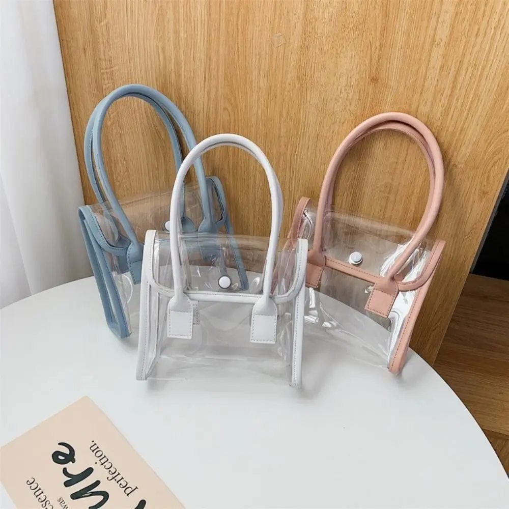 Transparent Bags Women Summer Designed Patchwork PVC Portable Simple Student Travel Jelly Bag PU Handle All-match Beach Totes