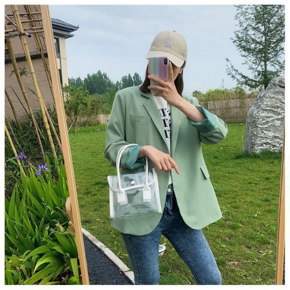 Transparent Bags Women Summer Designed Patchwork PVC Portable Simple Student Travel Jelly Bag PU Handle All-match Beach Totes
