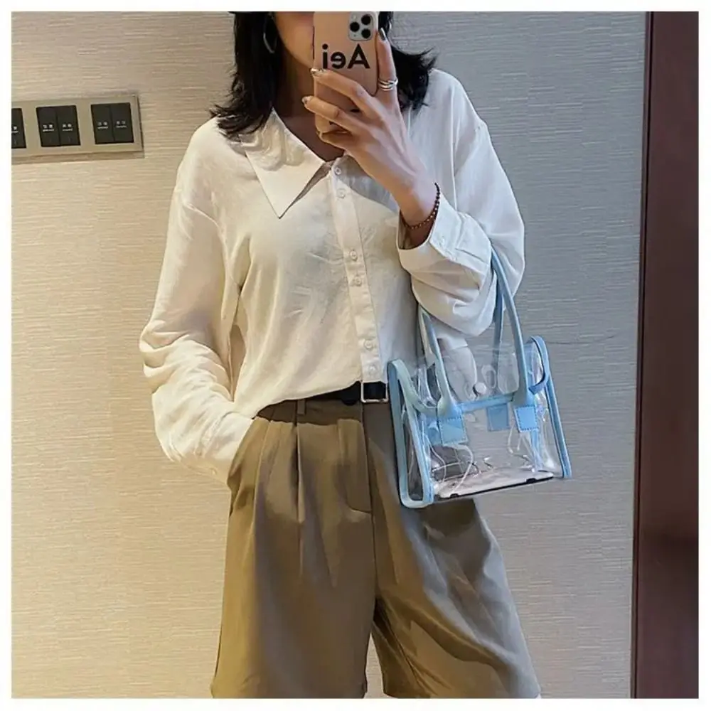 Transparent Bags Women Summer Designed Patchwork PVC Portable Simple Student Travel Jelly Bag PU Handle All-match Beach Totes