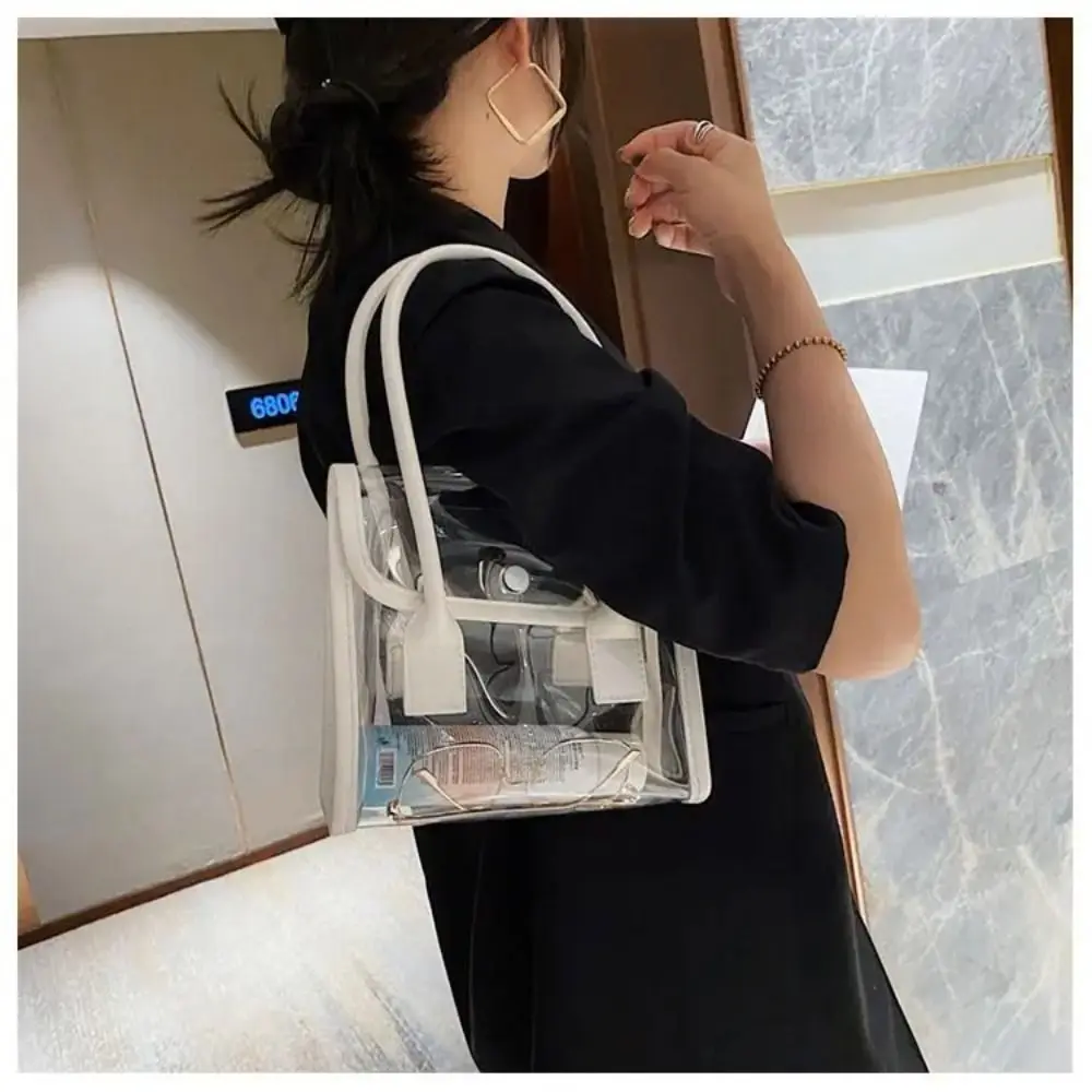 Transparent Bags Women Summer Designed Patchwork PVC Portable Simple Student Travel Jelly Bag PU Handle All-match Beach Totes