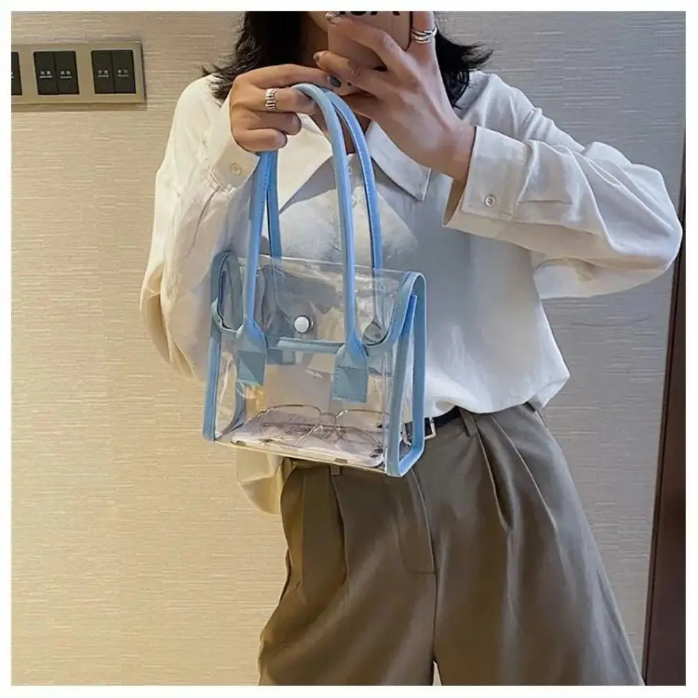 Transparent Bags Women Summer Designed Patchwork PVC Portable Simple Student Travel Jelly Bag PU Handle All-match Beach Totes