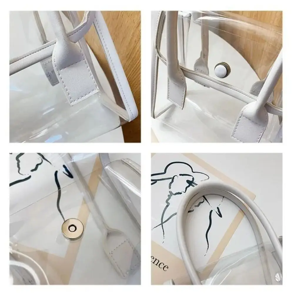 Transparent Bags Women Summer Designed Patchwork PVC Portable Simple Student Travel Jelly Bag PU Handle All-match Beach Totes