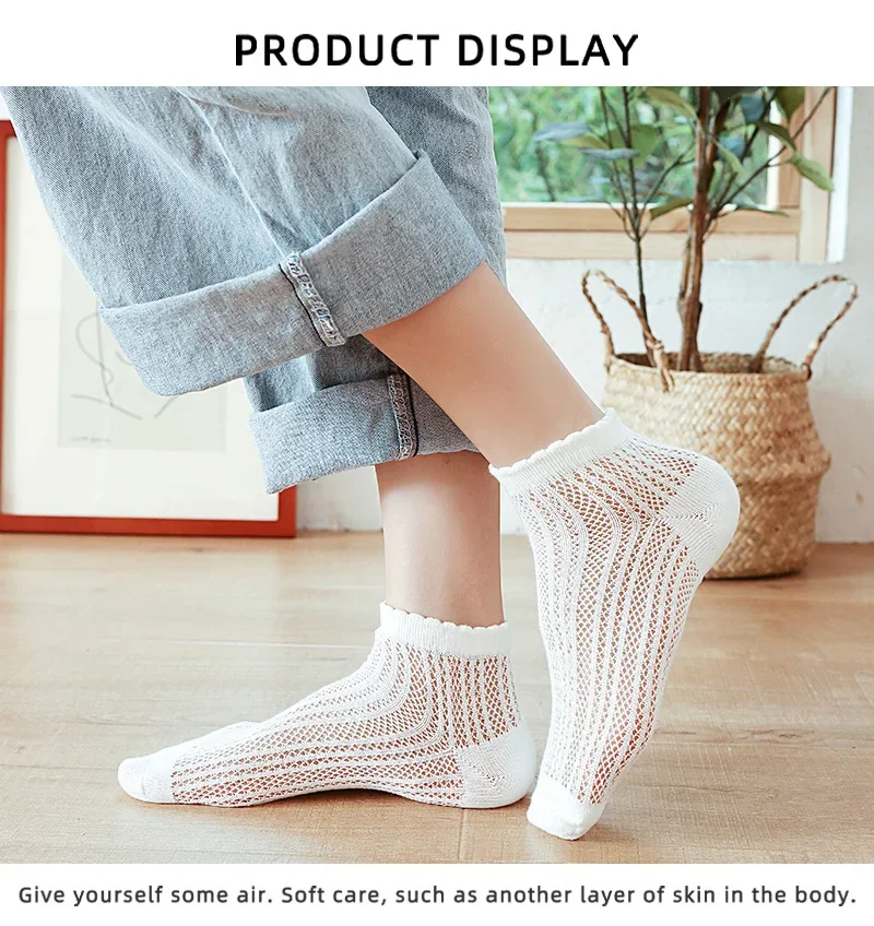 5 Pairs Women Cotton Short Socks Summer Thin Mesh Low Cut Soft Breathable Solid Color No Show High Quality Female Ankle Socks