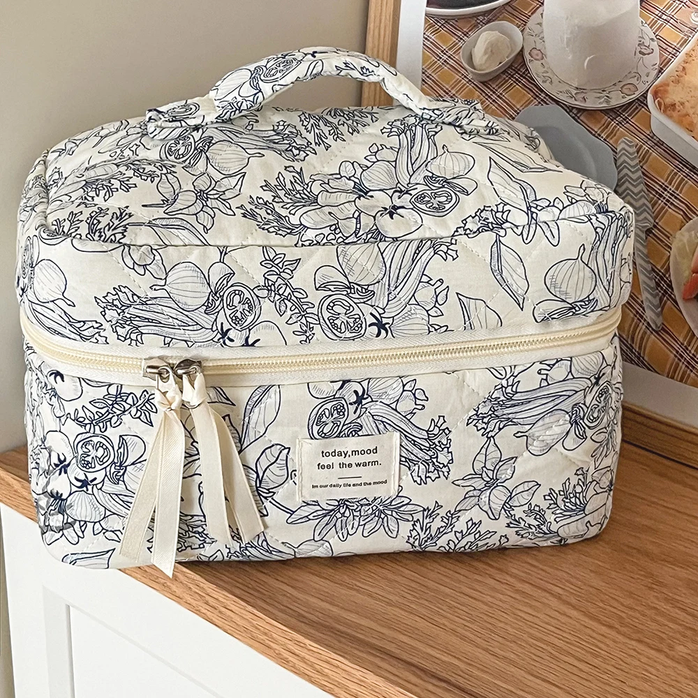 2024 Vintage Flower Quilting Women Makeup Bag Portable Zipper Cosmetic Travel Organizer Female Handbag Toiletry Pouch For Girls