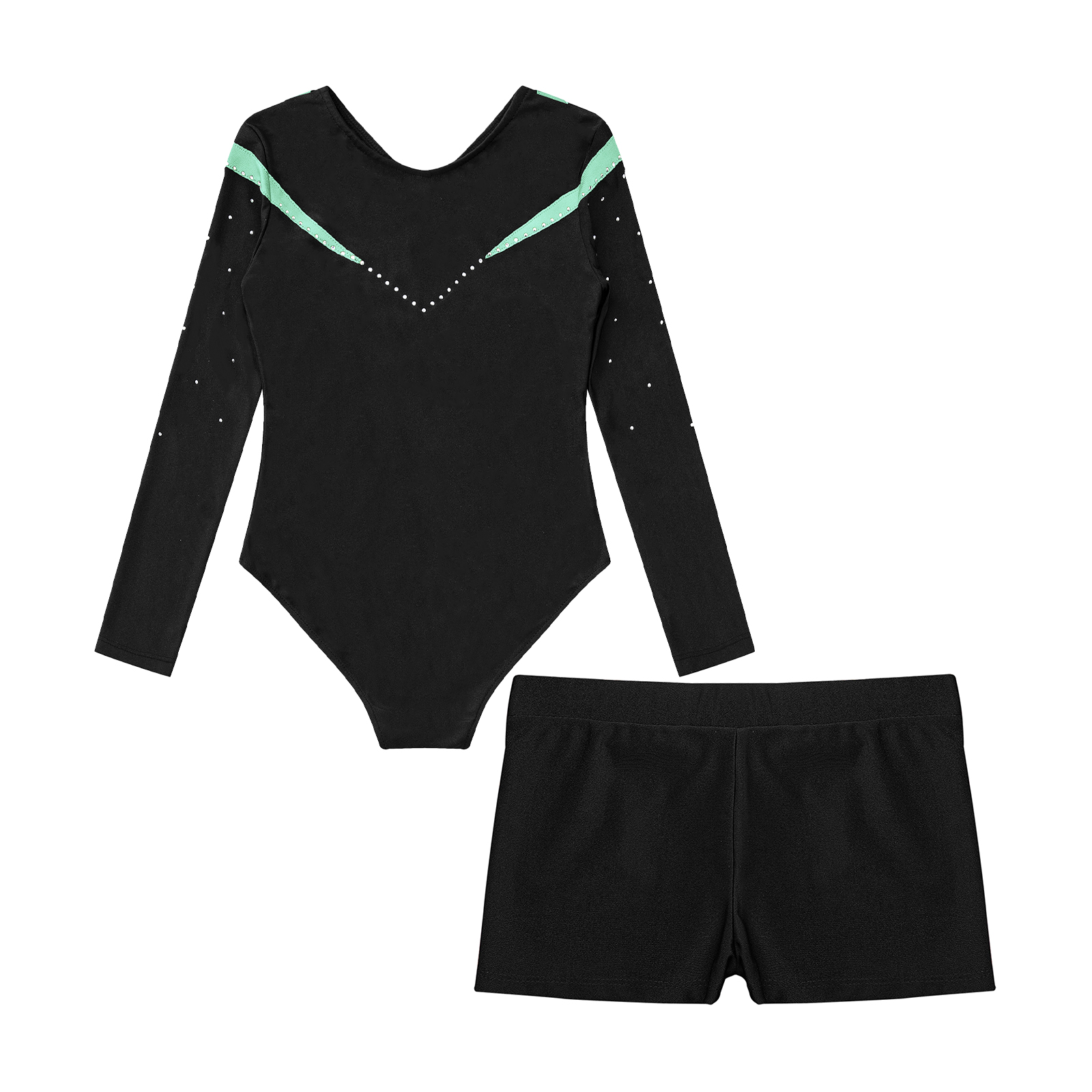 Children Gymnastics Ballet Dance Leotard Set Shiny Rhinestone Long Sleeve Jumpsuit with Shorts Outfits for Girls Sport Dance