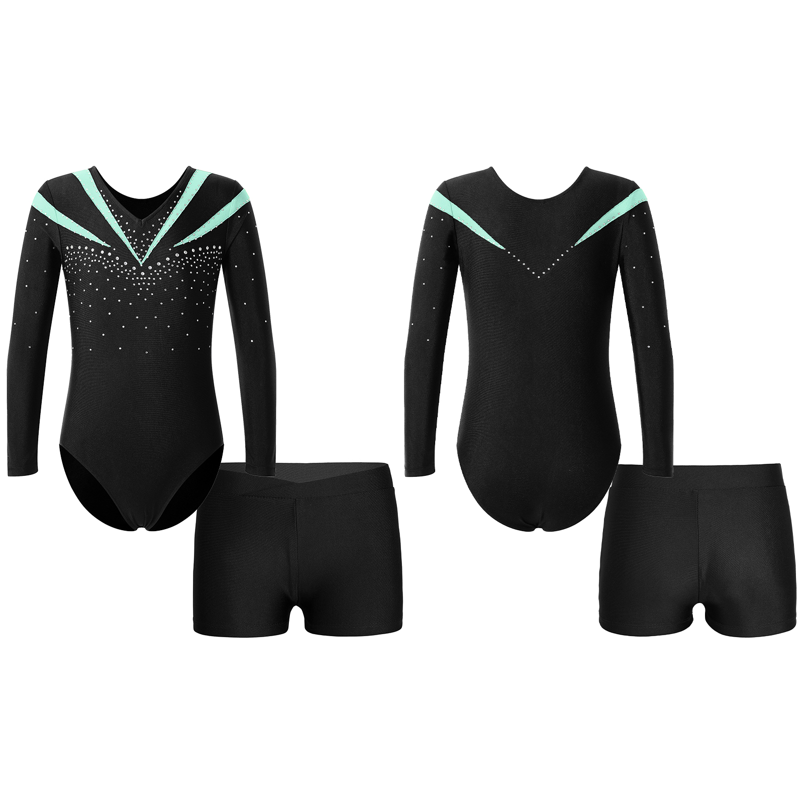 Children Gymnastics Ballet Dance Leotard Set Shiny Rhinestone Long Sleeve Jumpsuit with Shorts Outfits for Girls Sport Dance