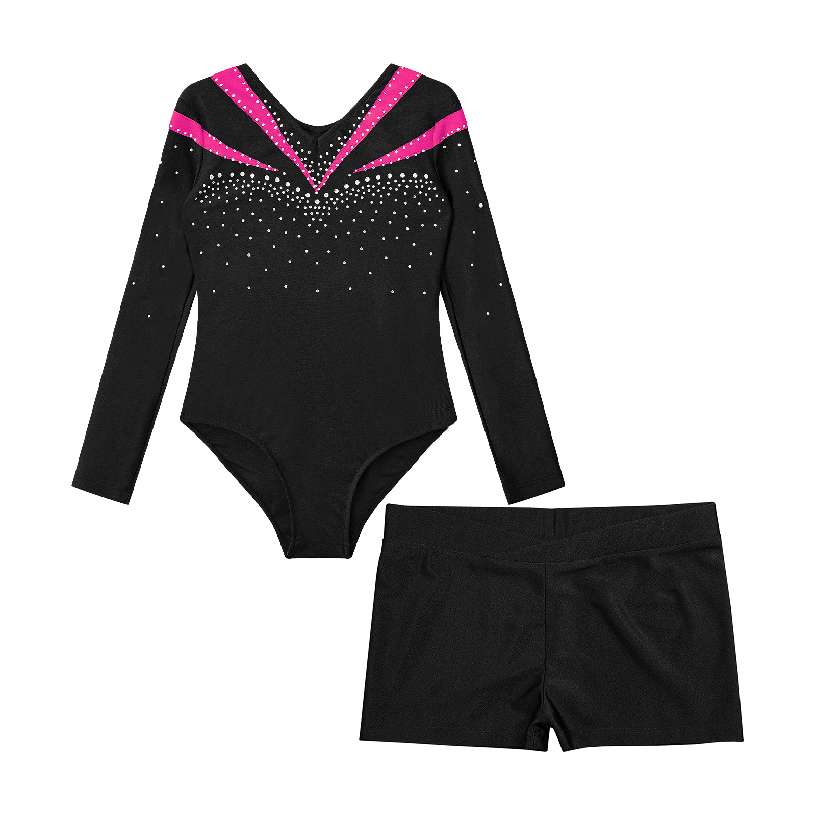 Children Gymnastics Ballet Dance Leotard Set Shiny Rhinestone Long Sleeve Jumpsuit with Shorts Outfits for Girls Sport Dance