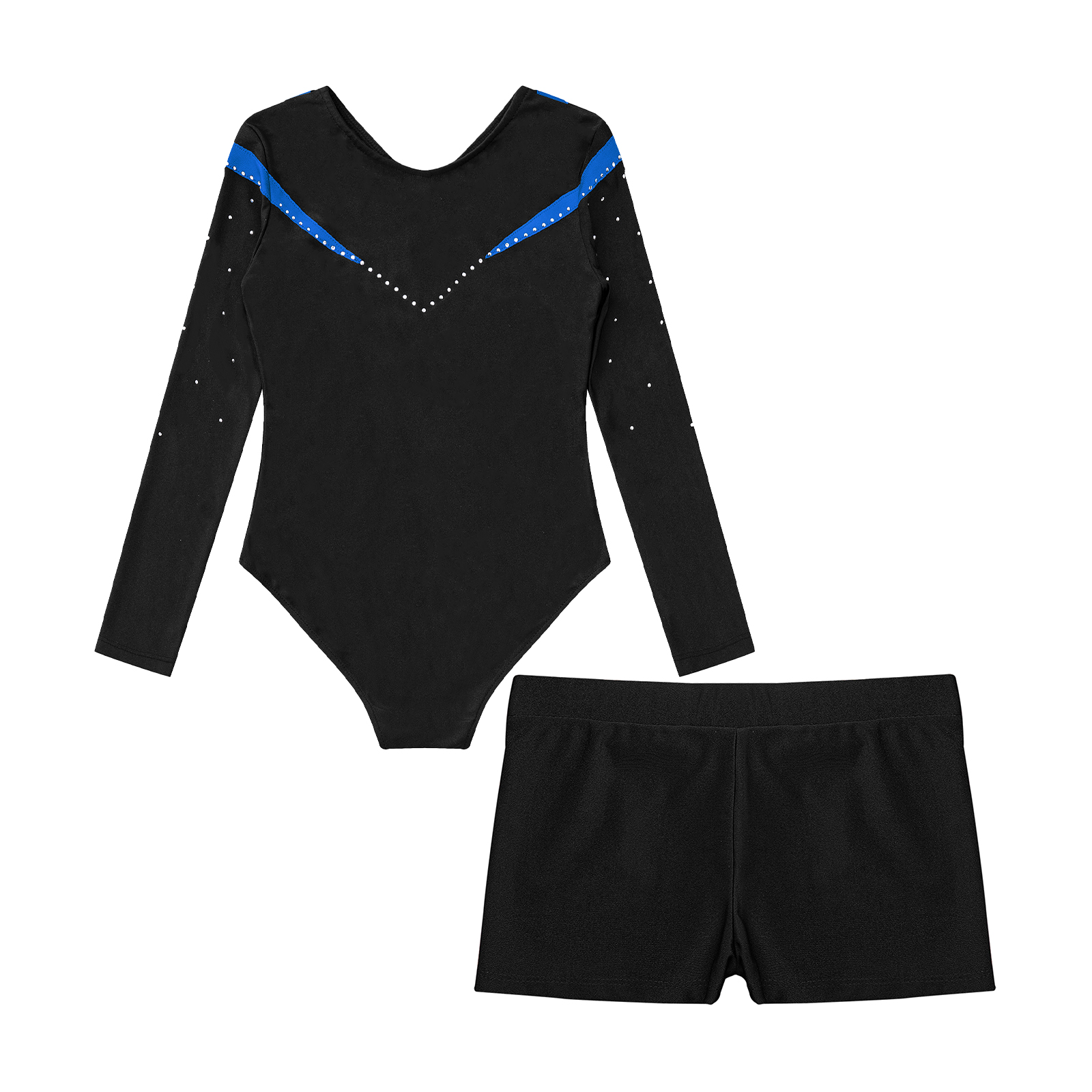 Children Gymnastics Ballet Dance Leotard Set Shiny Rhinestone Long Sleeve Jumpsuit with Shorts Outfits for Girls Sport Dance